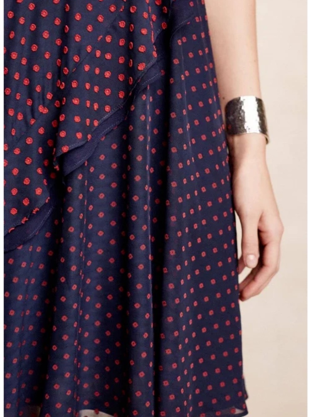 Eva Franco Anthropologie Maryann Navy Red Clip Dot Sleeveless Dress 8 Ruffle - Picture 3 of 14